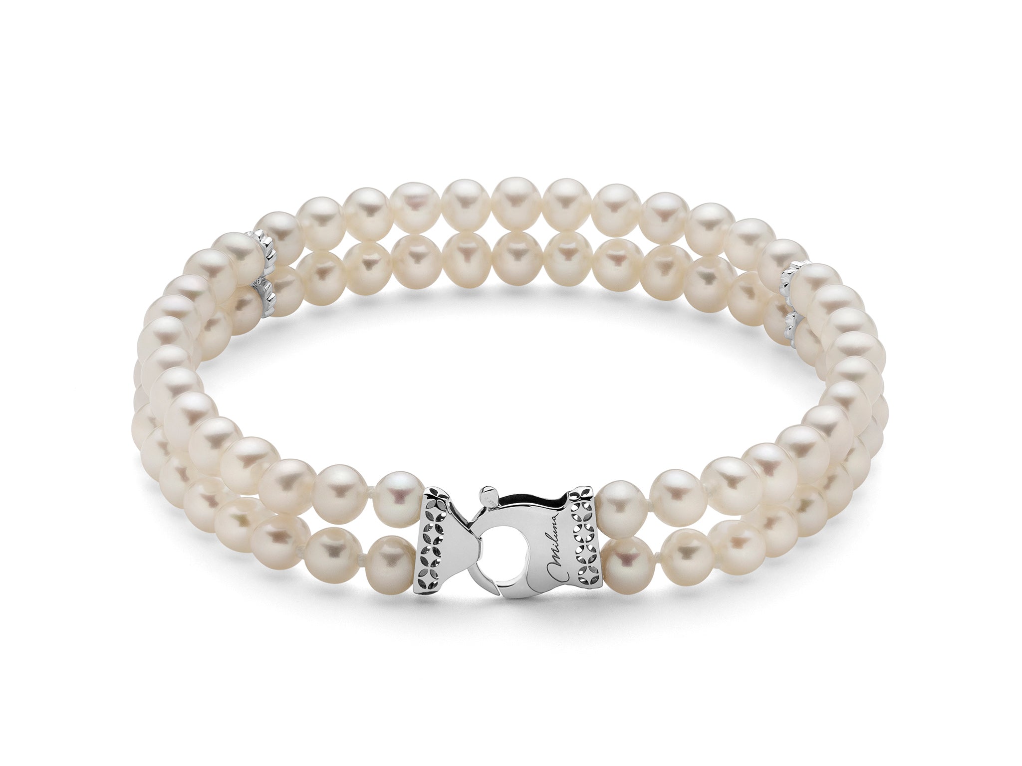 Miluna Bracciale Perle Naturali Fresh Water Doppio Filo mm 4,5/5 e Chiusura in Oro Bianco 18 kt