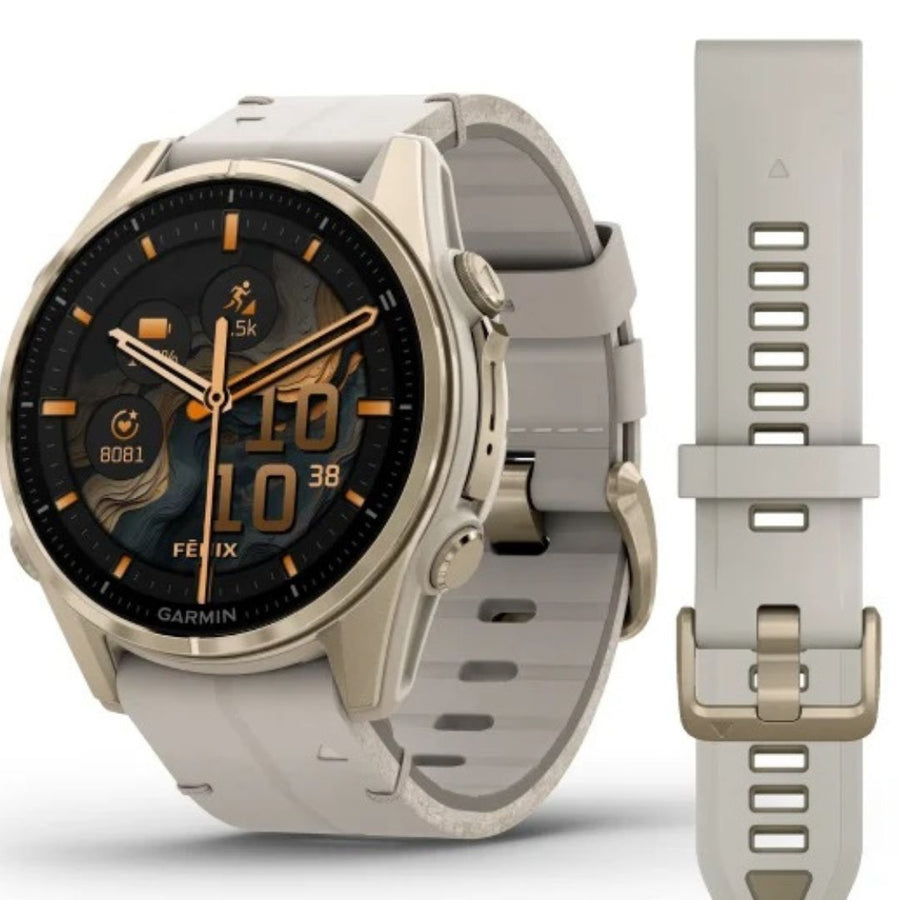 Garmin Fenix 8 - 43 mm, Amoled, Sapphire, Titanio, Soft Gold & Limestone (Pelle)