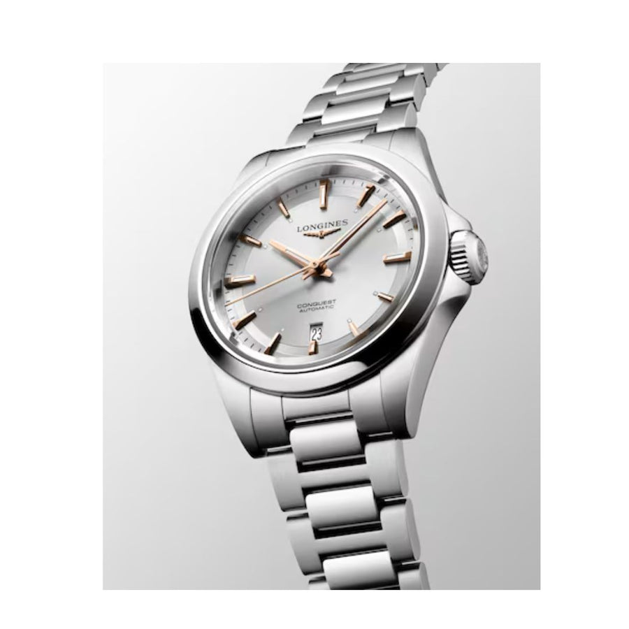 Longines Orologio Conquest Automatico 30 Mm, Quadrante Argento Indici Rosa