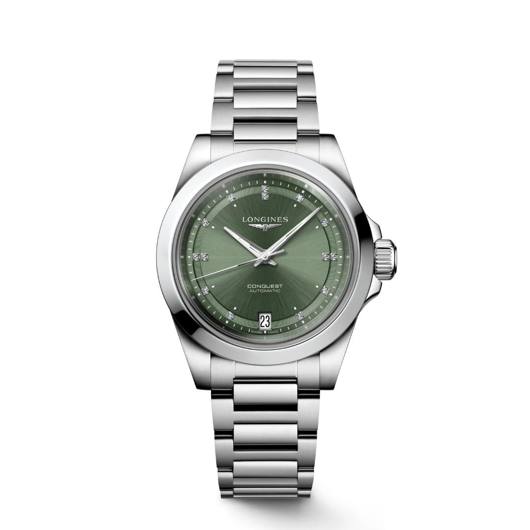 Longines Orologio Conquest Automatico 34 mm Quadrante Verde e Diamanti