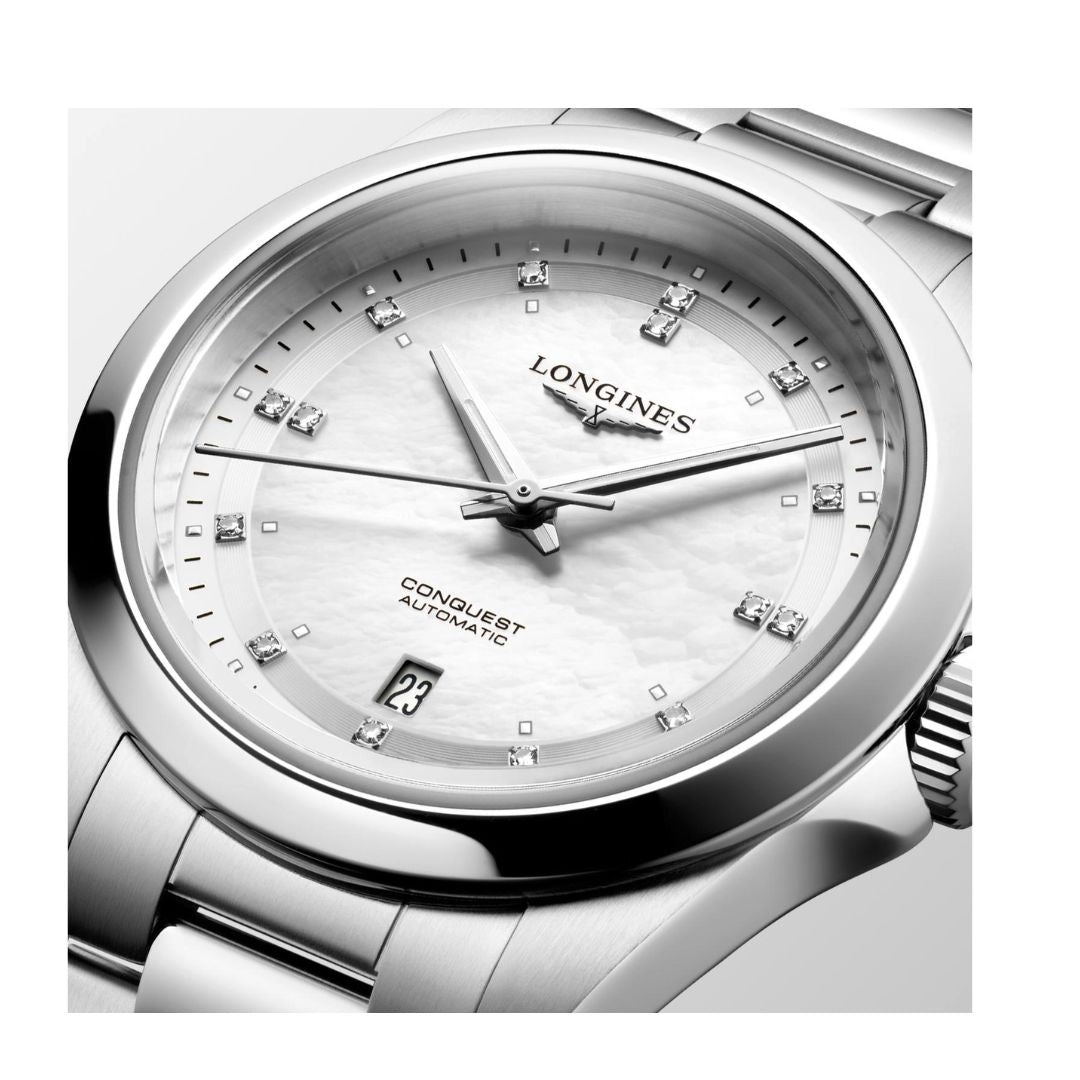 Longines Orologio Conquest Automatico 30 Mm, Quadrante Madreperla e Diamanti