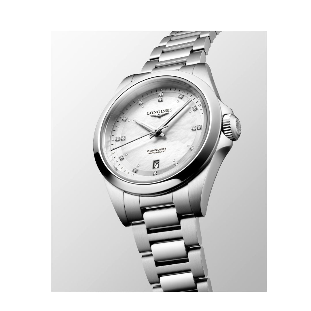 Longines Orologio Conquest Automatico 30 Mm, Quadrante Madreperla e Diamanti
