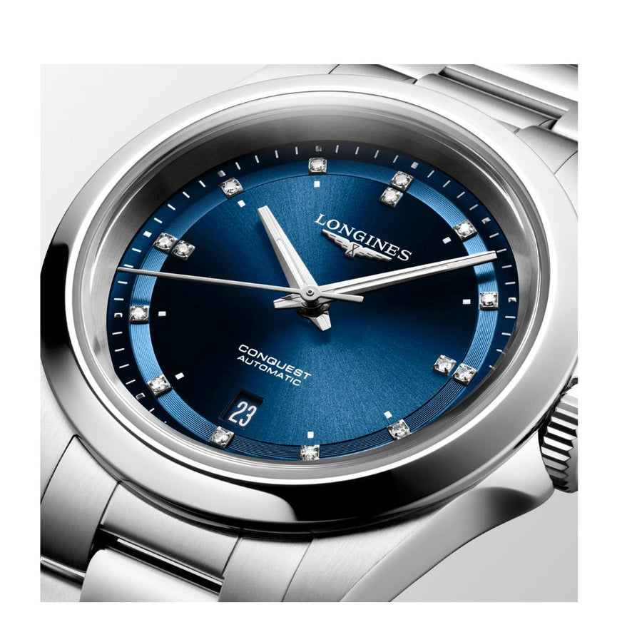 Longines Orologio Conquest Automatico 30 Mm, Quadrante Blu E Diamanti