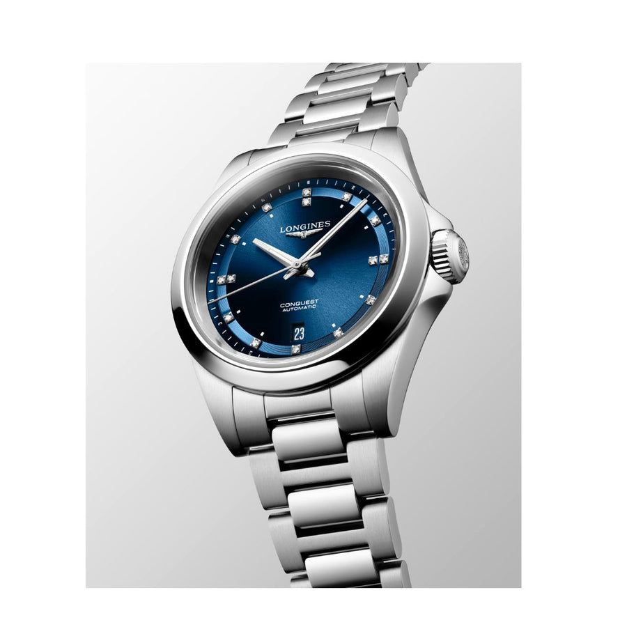 Longines Orologio Conquest Automatico 30 Mm, Quadrante Blu E Diamanti