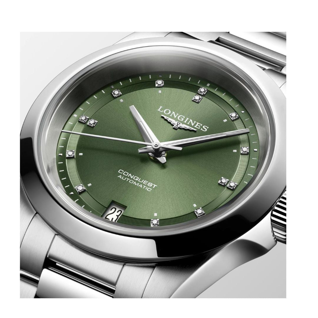 Longines Orologio Conquest Automatico 34 mm Quadrante Verde e Diamanti
