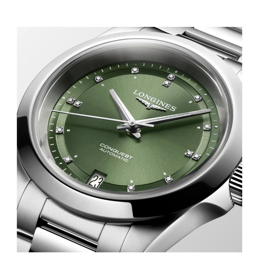 Longines Orologio Conquest Automatico 34 mm Quadrante Verde e Diamanti