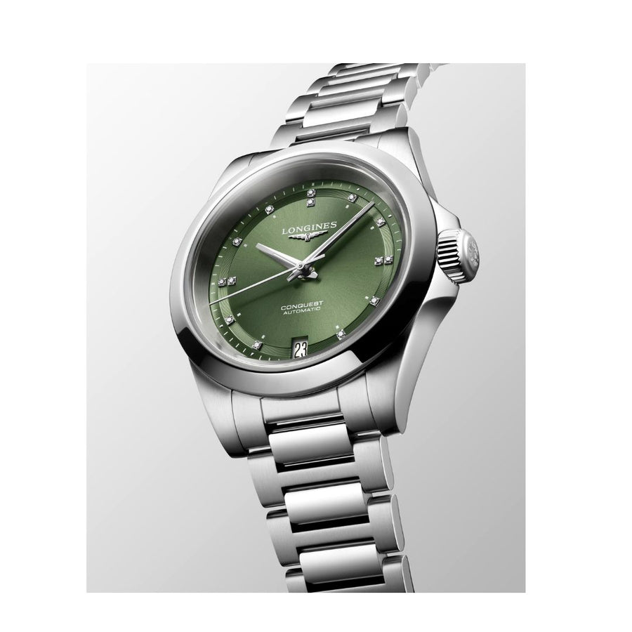 Longines Orologio Conquest Automatico 34 mm Quadrante Verde e Diamanti