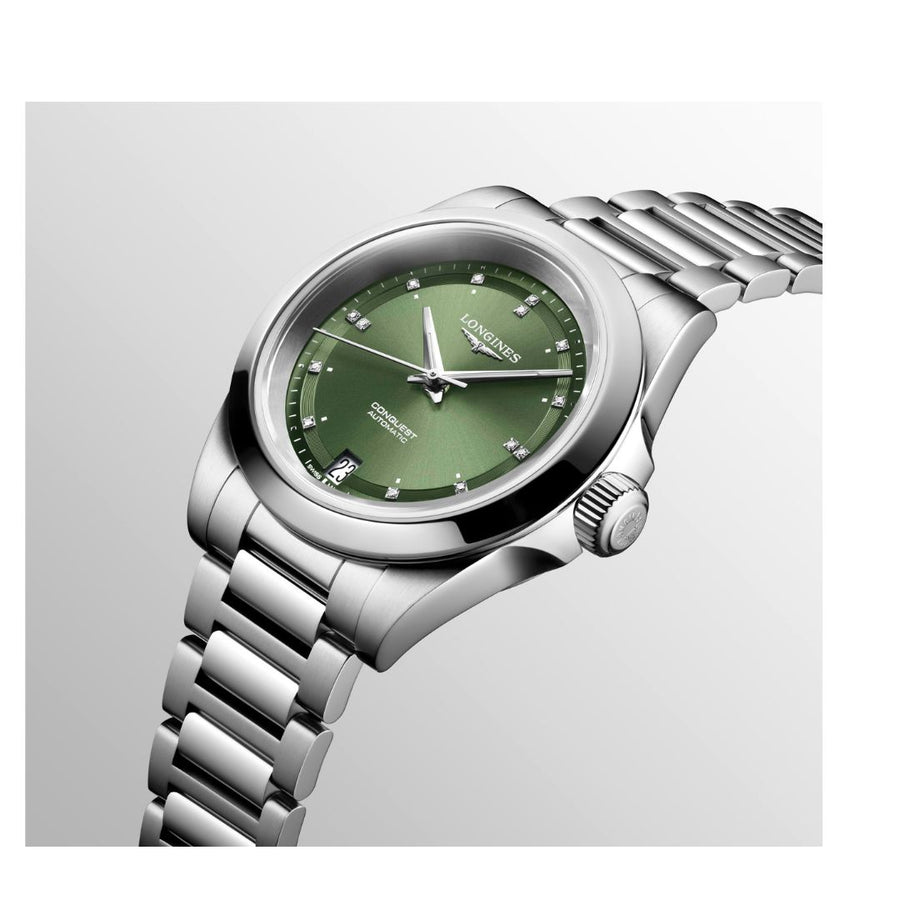 Longines Orologio Conquest Automatico 34 mm Quadrante Verde e Diamanti