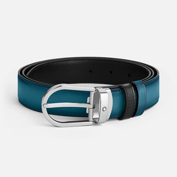 Montblanc Cintura Reversibile 30 Mm In Pelle Blu Fumé/Nera Con Fibbia A Ferro Di Cavallo