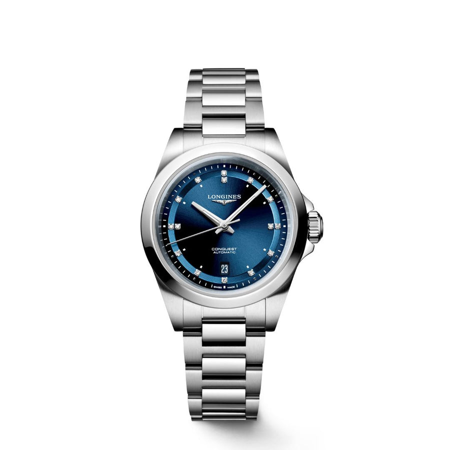 Longines Orologio Conquest Automatico 30 Mm, Quadrante Blu E Diamanti