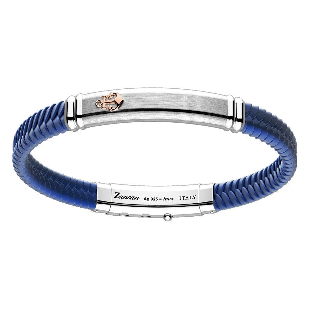 Zancan Bracciale Con Piastra In Argento E Cordone In Silicone Blu