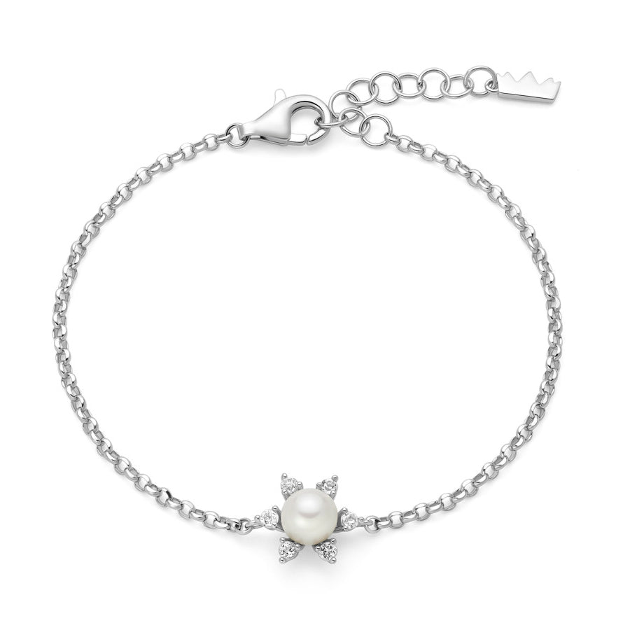 Miluna Bracciale In Argento Con Perla Fresh Water 6/6,5 E Topazi Bianchi Ct. 0,24