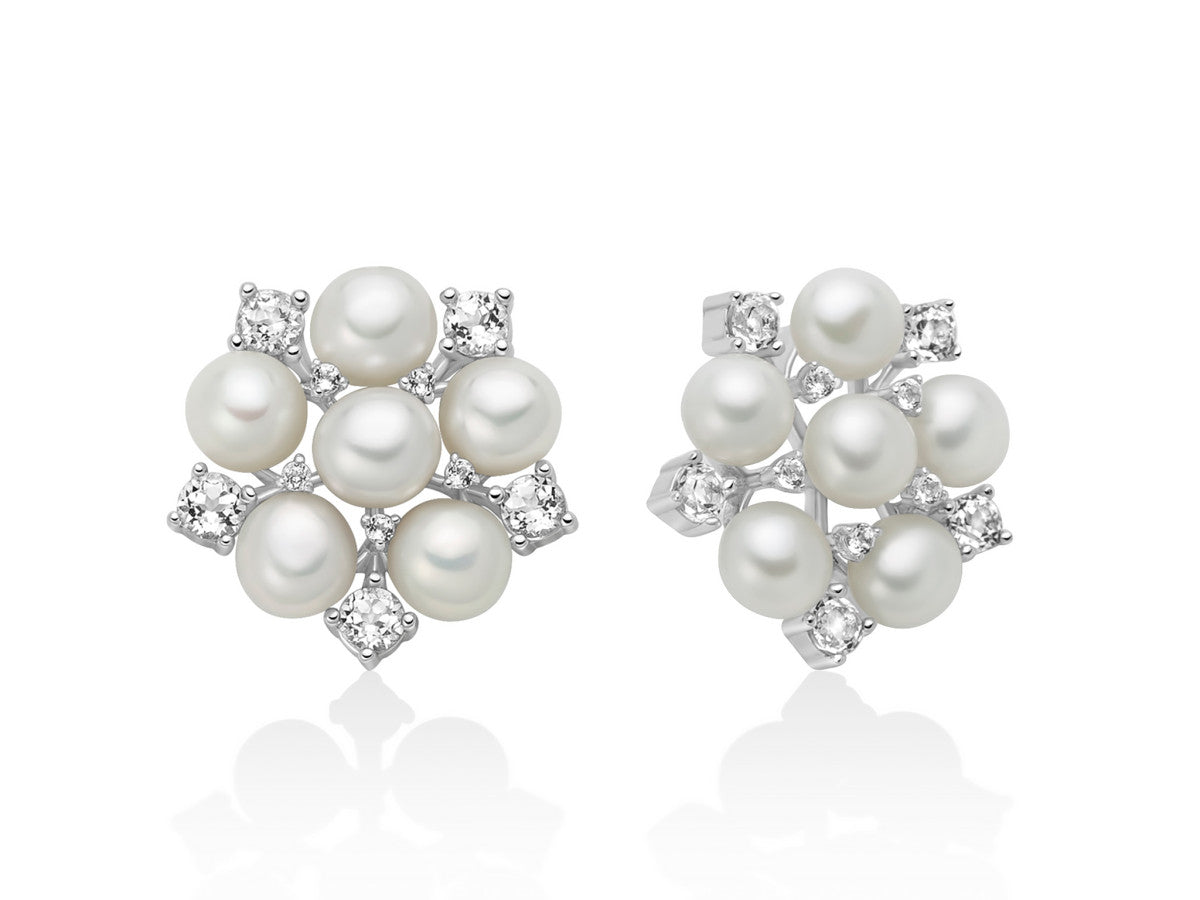 Miluna Orecchini In Argento Con Perle Fresh Water 5/5,5 E Topazi Bianchi Ct. 0,95