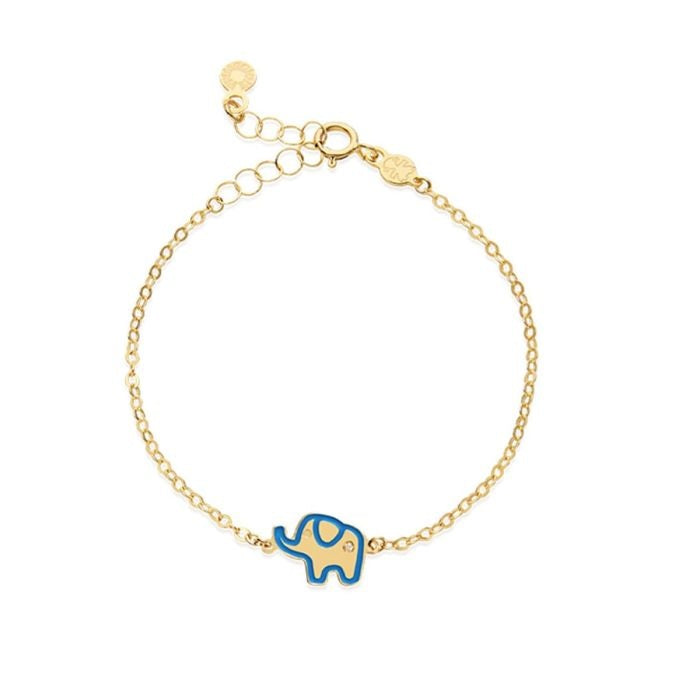 Le Bebe Bracciale In Oro Giallo 9Kt Con Elefantino Smaltato Blu E Diamante Da 0,003 Ct.