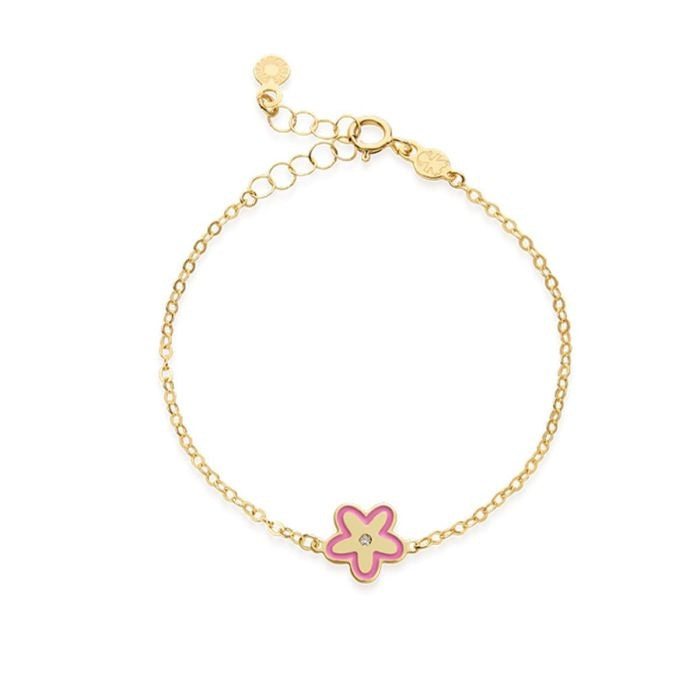 Le Bebe Bracciale In Oro Giallo 9Kt Con Fiorellino Rosa E Diamante Da 0,003 Ct.