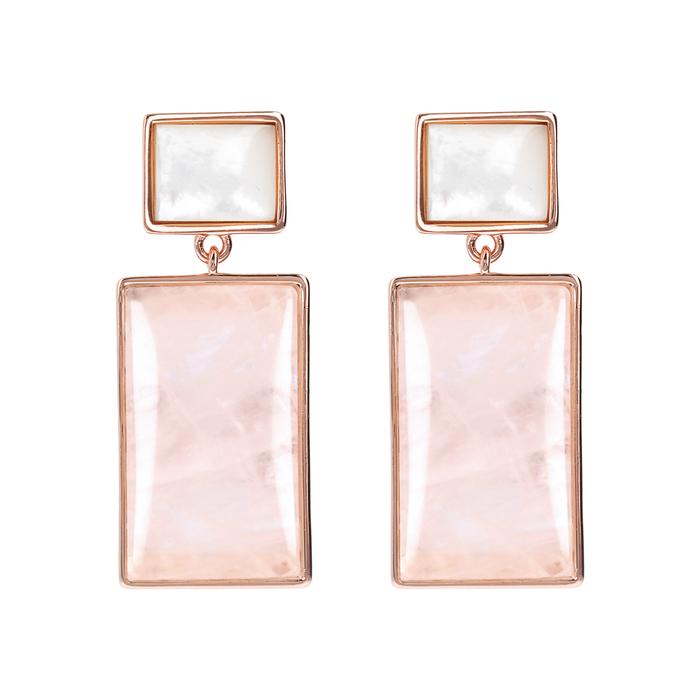 Bronzallure Orecchini Rettangolari In Madreperla E Quarzo Rosa